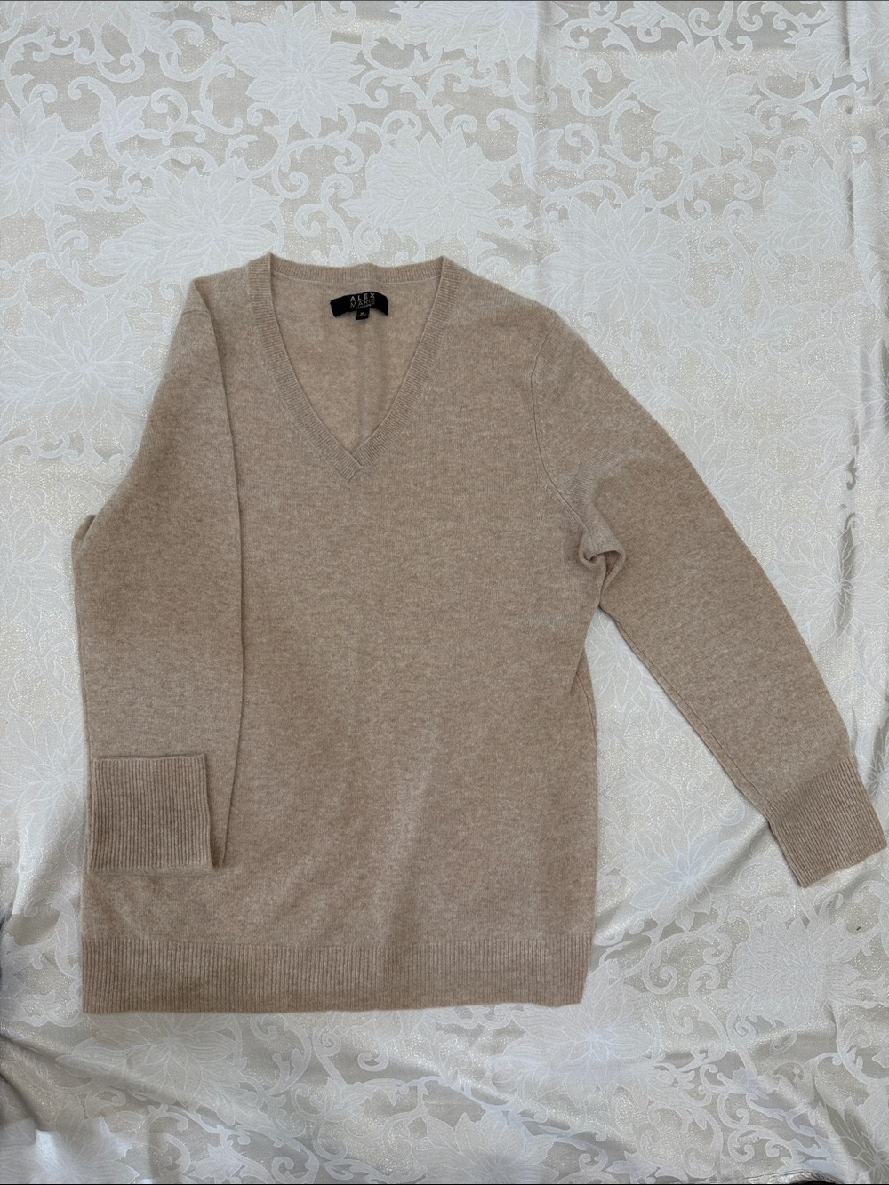 Alex Marie 100% Cashmere V-Neck Sweater Heather Camel Tan XL